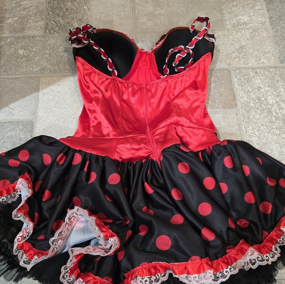 Queen Of Hearts Costume Small Red and Black Polka Dot Dress Mini Corset - Picture 5 of 10